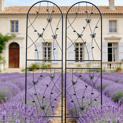 Ensemble de 2 treillis de jardin en métal | Métal antirouille + décoration papillon | H 71 po x l 19,7 po | Pour plantes grimpantes, support pour fleurs d'extérieur | Finition noire | Jardin, patio ou balcon