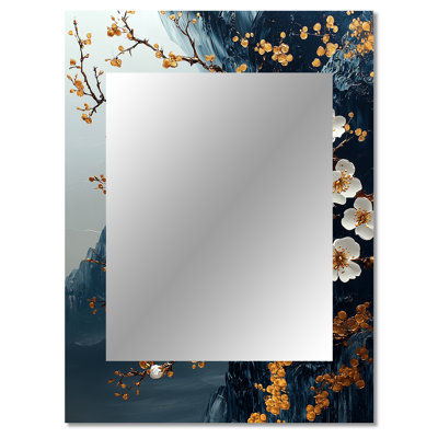 Blue Gold Cherry Blossom Branches On Mountain I - Cherry Blossom Mirror, Traditional Unique Wall Mirror, Printed Metal Art