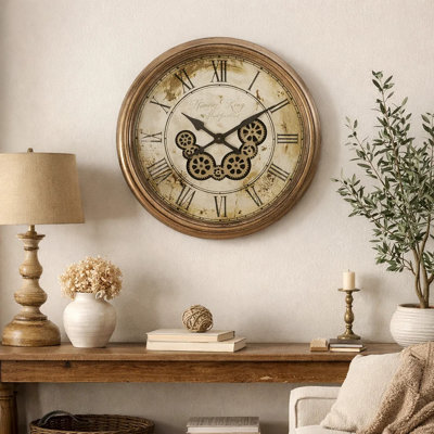 Viny Round Wall Clock, Moving Gear Mechanism, 23 Inch Antique Brown