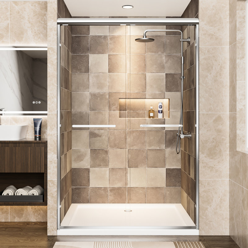 48" Width Aluminum Double Sliding Shower Door, 72" Height, 1/4" (6mm) Clear Tempered Glass With - Breakage Film, Waterproof And For Bathroom Door In Frame, W X H, Adjustable Reversible