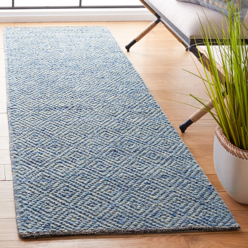 Tapis géométrique bleu en laine et coton tissé à la main Tulane, Tapis de couloir 2 pi 3 po x 8 pi