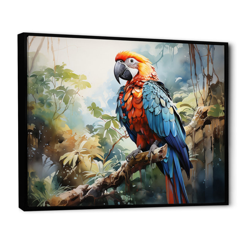 Plumage de perroquet tropical II sur toile, H 34 po x l 44 po x P 1,5 po, Cadre flottant noir
