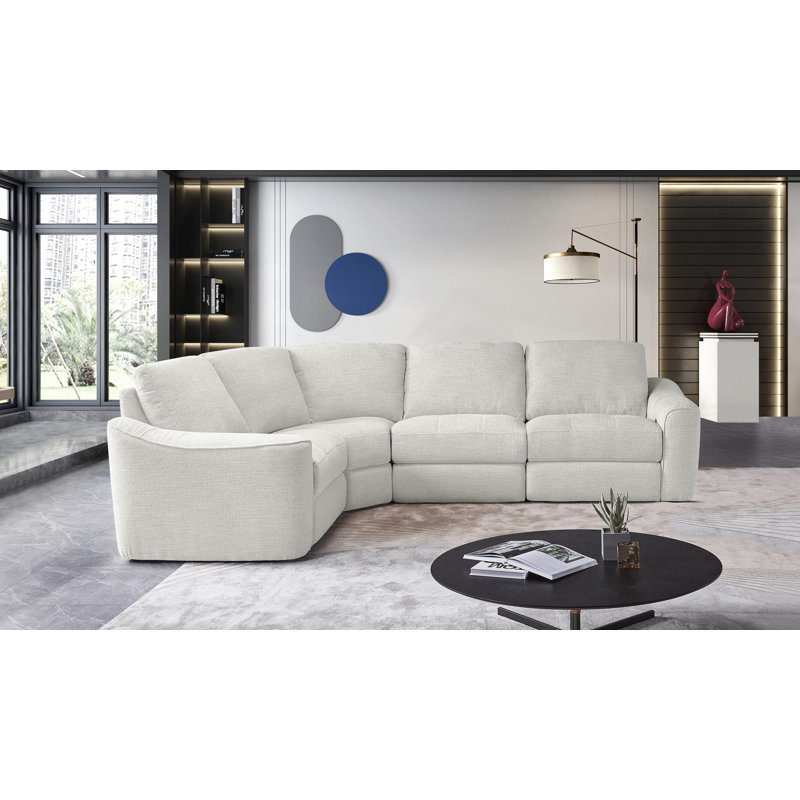Upholstered Power Motion Modular 4-Piece 3-Recliner L-Sectional, Beige Polyester
