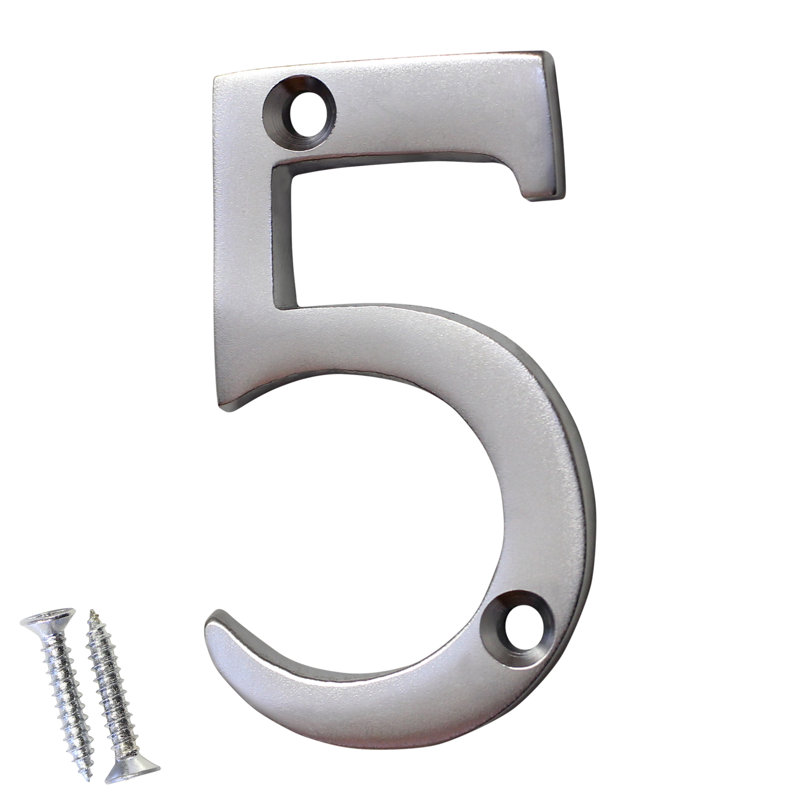 2'' H Reflective Brass House Number, 5, Satin Chrome