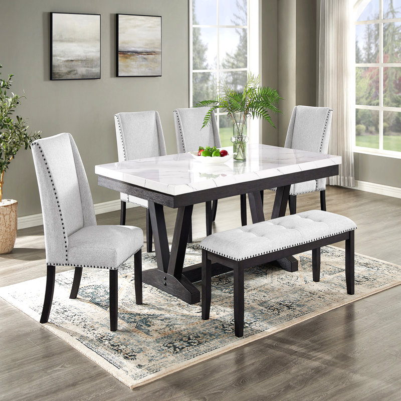 1-Piece Transitional Dining Bench - Upholstered Nailhead Tufted Seat, Wooden Legs