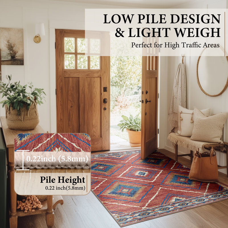 Machine Washable Non Slip Western Area Rugs for Living Room Bedroom Dining Room, Rectangle 4' x 6', Red/Orange