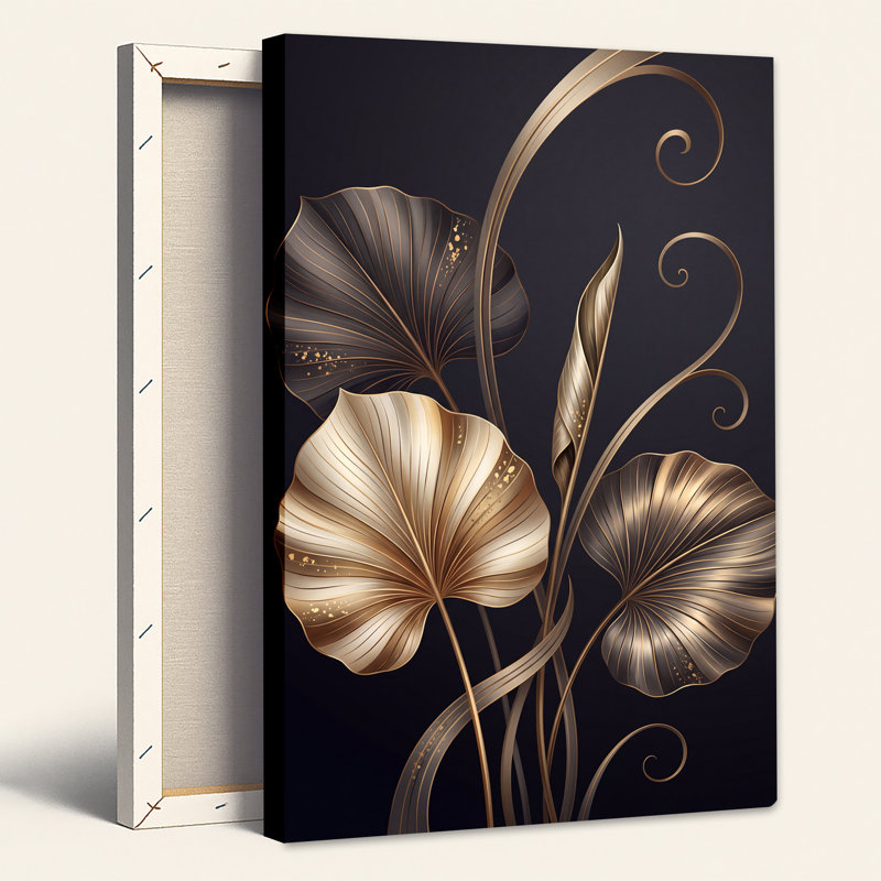 Feuilles métalliques dorées et bronze sur fond sombre, tableau sur toile, 36"H x 24"W