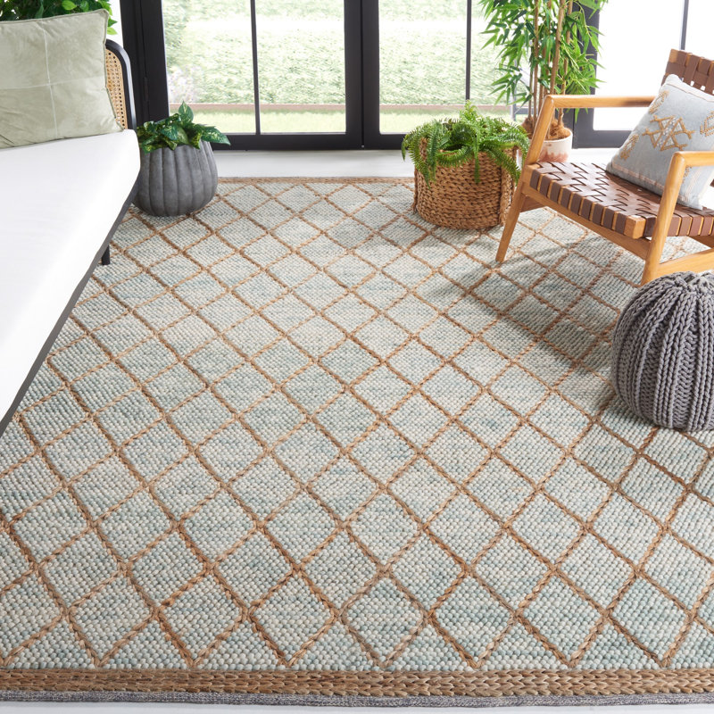 Fayelynn Hand Woven Wool/Cotton Geometric Rug in Teal/Natural, Rectangle 8' x 10'