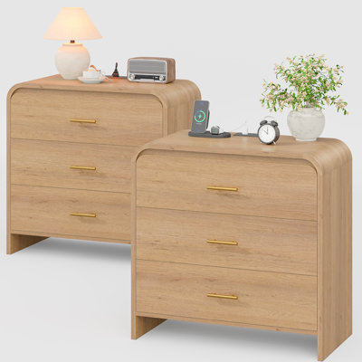 3 Drawers Oversized Nightstand Set, 31.5" Wide Extra Large Night Stand With Charging Station, Modern Bedside Table, Wood Dresser for Bedroom, Oak (Set of 2)