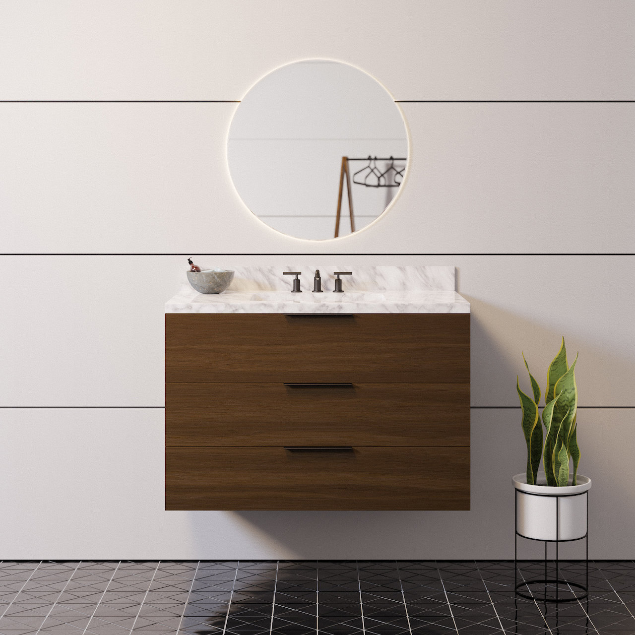 Mitchell 36'' Single Bathroom Vanity, Walnut, Carrara Marble