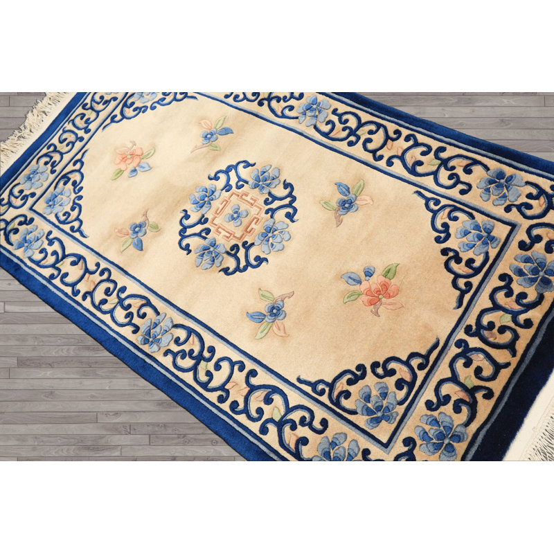 Tapis traditionnel beige en laine noué à la main 3 x 5 po Aubusson Savonnerie