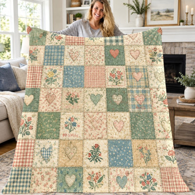 1pc Patchwork Quilt Blanket, Vintage Floral Heart Plaid Soft Cozy Flannel Throw, Lightweight Warm Blanket for Sofa Couch Bed Living Room Dorm Office Travel, Home Decor Accent All-Season Blanket, Gift