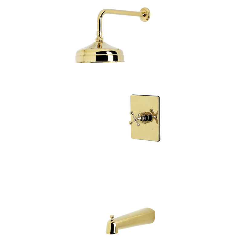 Kingston Brass Single-Handle Pressure Balanced Tub And Shower Faucet, Polished Brass, Cross Handle