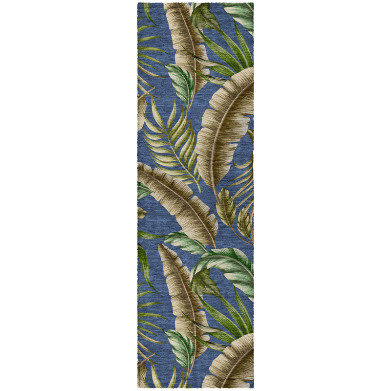 Premium Machine Washable Dream Shag ADS196 Leaves Rug, Blue, 2'3" x 7'6" Runner