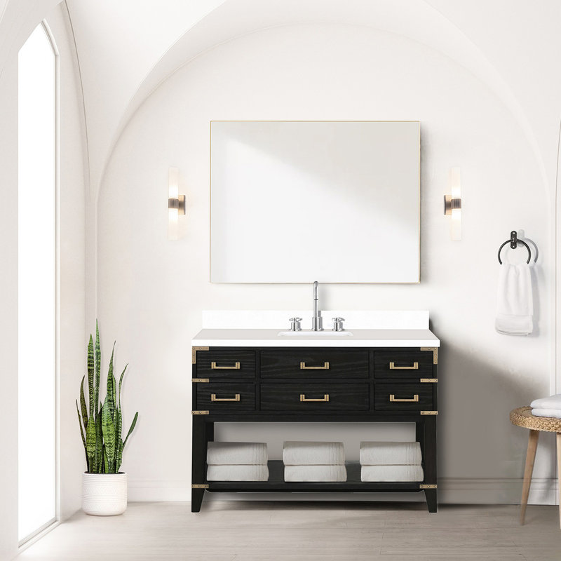 48 po De salle de bain en chêne noir avec surface en marbre de culture et robinet, miroir de 46 po - salle de bain élégante avec dessus élégant