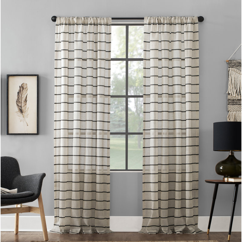 Black and Linen Stripe Sheer Rod Pocket Curtain Panel, 52" x 84"