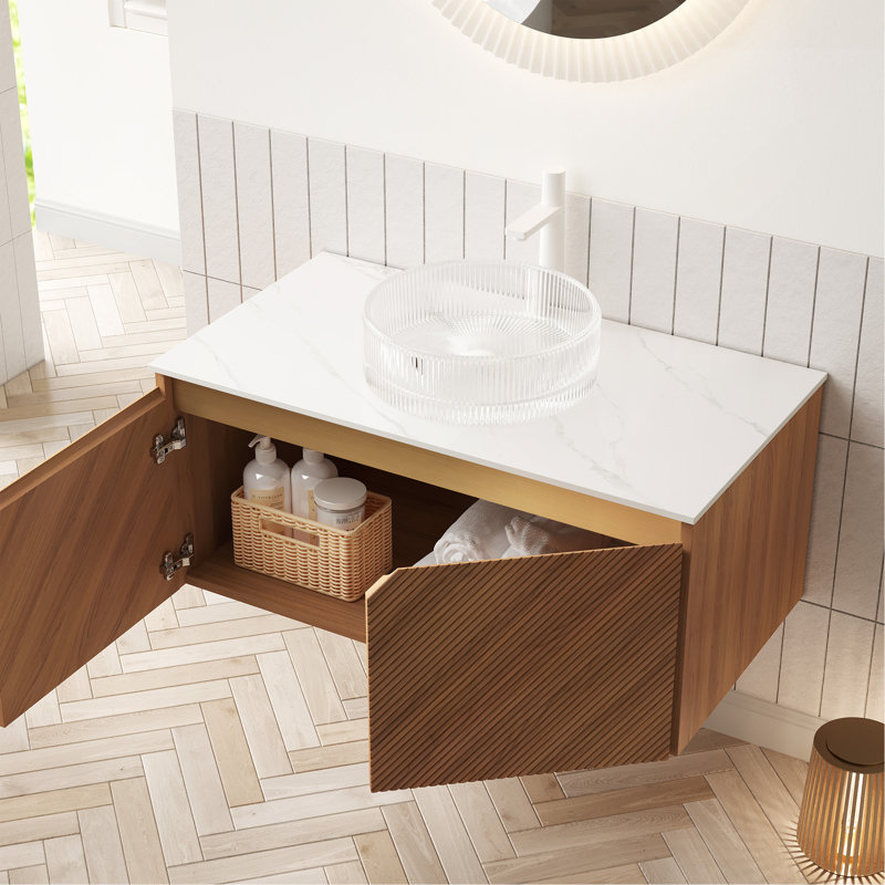 Meuble-lavabo 36 po, armoire de rangement flottante en contreplaqué, portes doubles en sergé avec garniture en métal, vasque ronde en verre transparent et plateau en pierre frittée blanche, brun