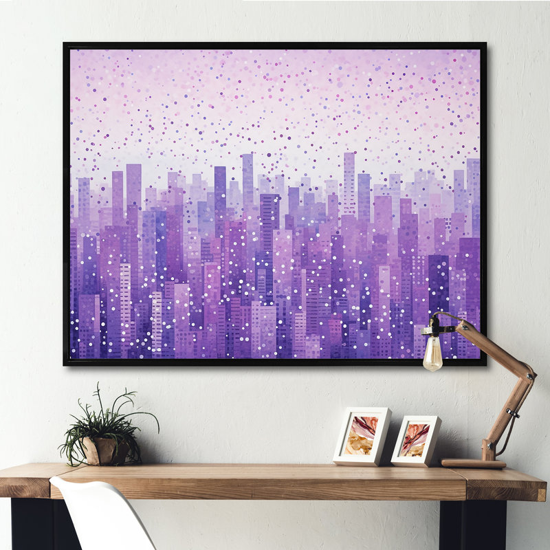 «Lilac Layers Skyscrapers Urban Horizon I» sur toile, Cadre flottant noir, H 30 po x l 40 po