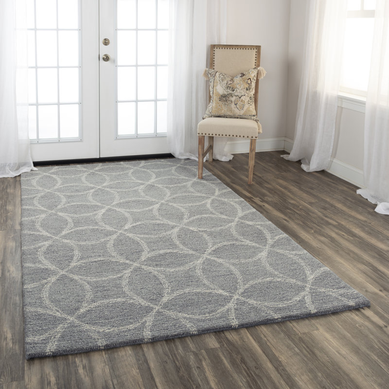 Tapis gris / blanc en laine à motif géométrique Grida, Rectangle 8 pi 9 po x 11 pi 9 po
