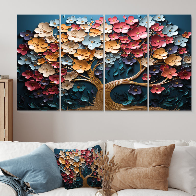 Multicolor Golden Tree On Blue Tones - Tree 4 Piece Wall Art, 32" H x 64" W