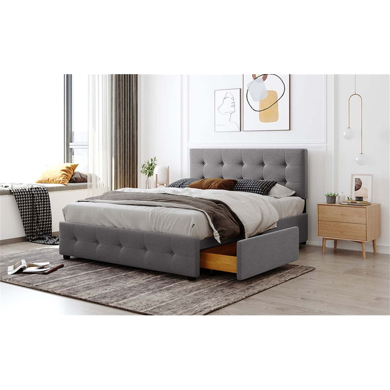 Lit plateforme tapissier avec tête de lit classique et 4 tiroirs, aucun sommier nécessaire, tissu en lin, grand, Gris clair