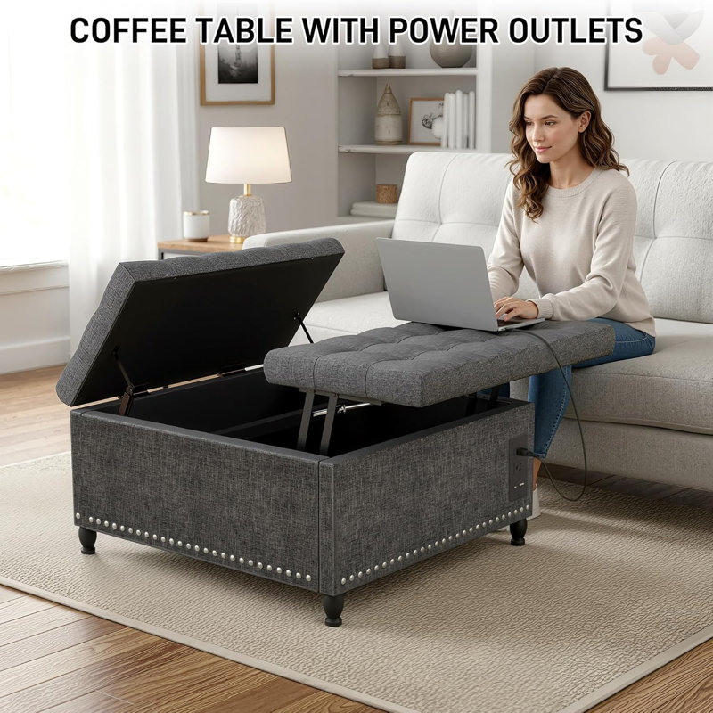 Repose-pieds avec prises et lumières DEL, grand repose-pieds carré avec rangement de 40 po, table basse avec repose-pieds et pieds en bois, repose-pieds gris Morden pour le salon, la chambre à coucher