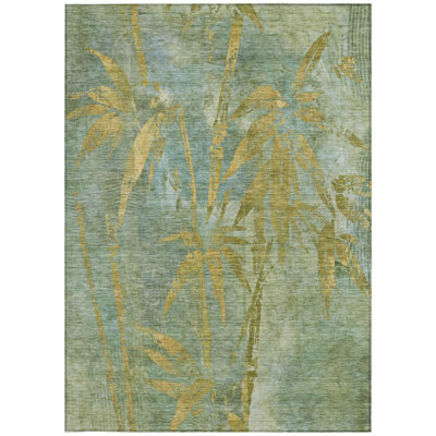 Tapis lavable d'intérieur/extérieur à motif de feuilles botaniques vert artichaut et or, 2,74 m x 3,66 m