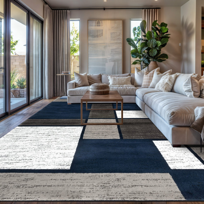 Mehul Woven Geometric Navy/Gray/White Area Rug – Modern, Durable Polypropylene, Medium Pile for Living Room, Bedroom, and Office