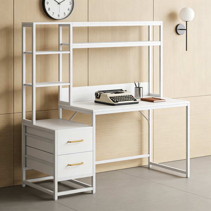 Rectangular Credenza Desk With White Engineered Wood Top And White Metal Base For Home Office