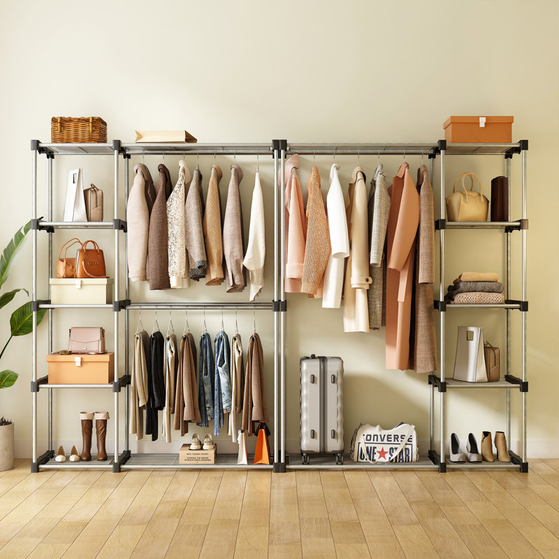 Portable Closet Organizer for Hanging Clothes,Metal Pipe Clothing Rack,Freestanding Garment Rack with Shelves, Large Portable Wardrobe for Clothing Storage,Grey( 68.1'' x 46.5'' x 19.2'')