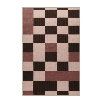 Machine Washable Checkered Pink Area Rug
