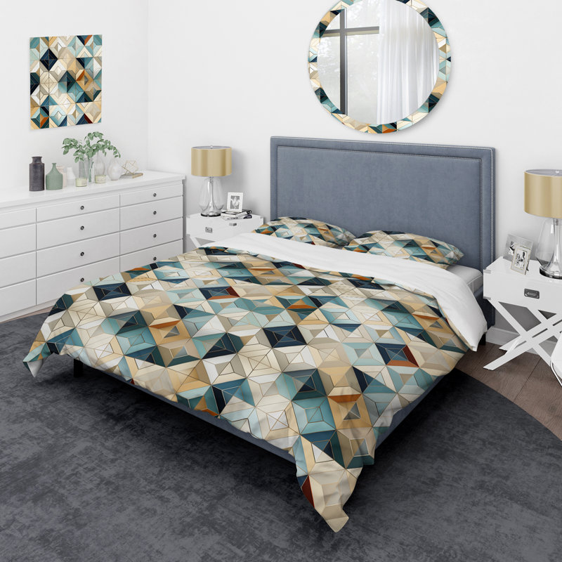 Natural Tones Grey And Beige Mosaic Geometric Shapes Duvet Cover, Queen Duvet Cover + 2 Standard Shams, Geometric Shapes 19
