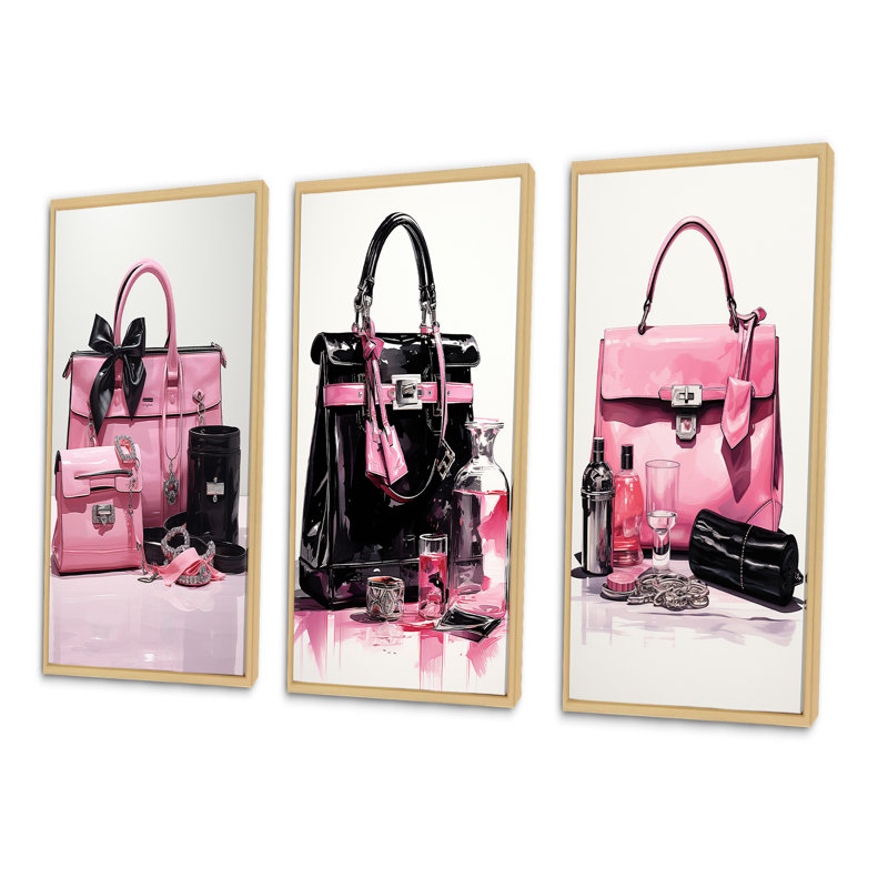 «Pink Fashion Bag Glamour», 3 pièces sur toile, Encadré naturel, H 32 po x l 48 po