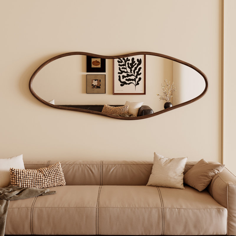  Miroir pleine grandeur, miroir irrégulier 65 po x 22 po avec cadre en bois massif, grands miroirs muraux ondulés pour le salon, la chambre à coucher, horizontal / vertical, noyer