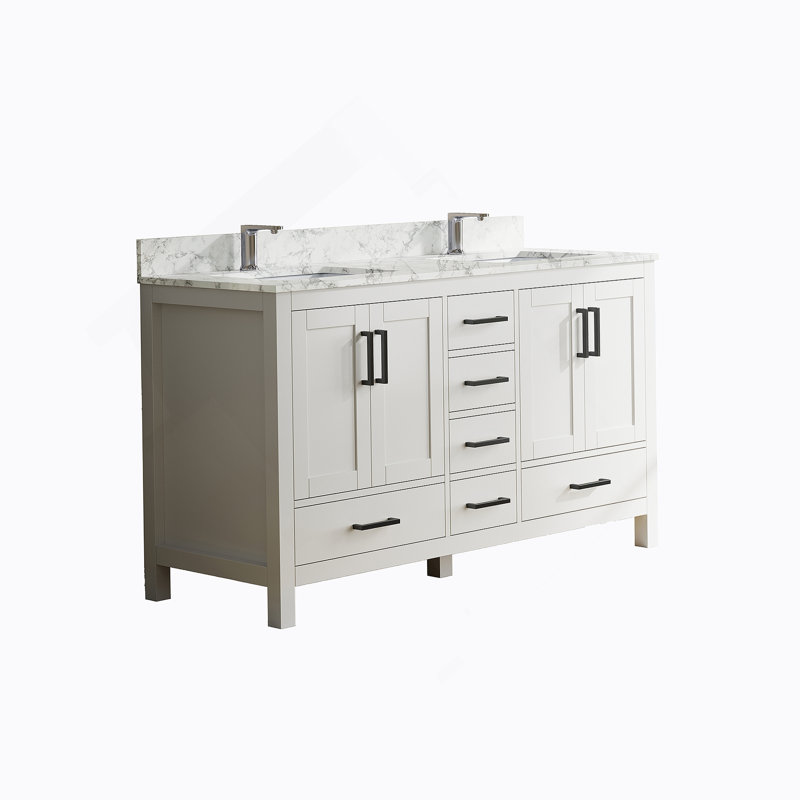 Meuble-lavabo de 59 po de qualité supérieure avec deux lavabos, trous de robinet et beaucoup de rangement en blanc, Blanc