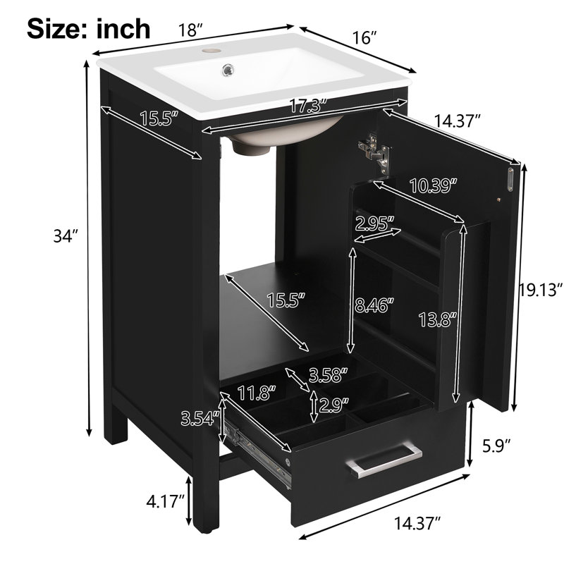 Meuble-lavabo 18 po avec comptoir en céramique, Noir