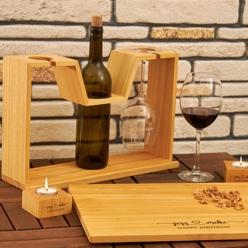 1 Bottle Tabletop Wine Bottle & Glass Rack in Brown, Yes