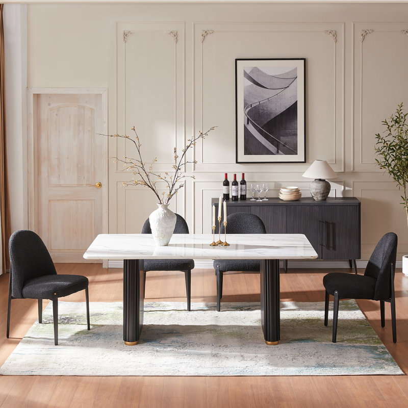 Faux Marble Double Pedestal Dining Set For 4, Black, 5 Pieces: Table, 4 Chairs