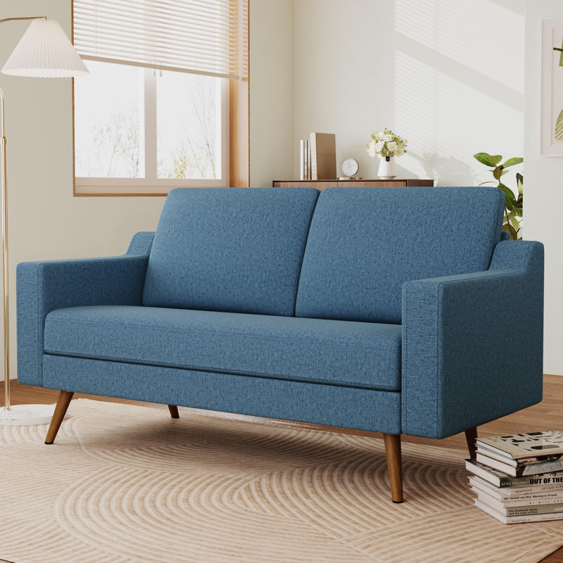 65.4" Mid-Century Modern Loveseat Sofa In Linen, Blue