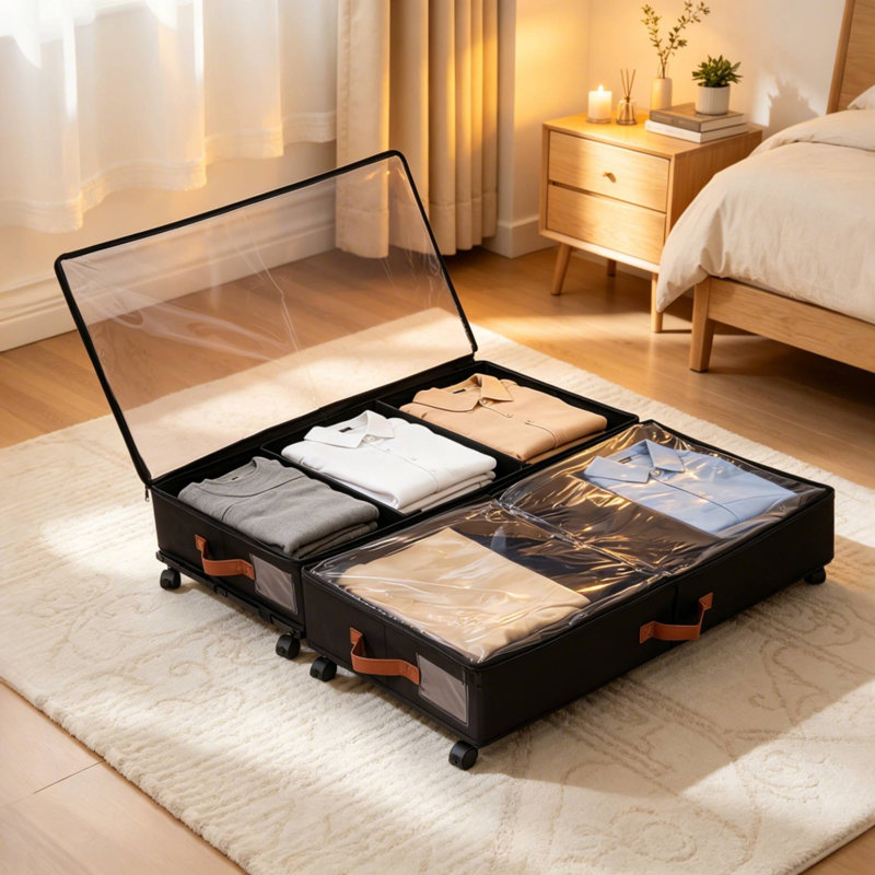 Boîte de rangement noire sous le lit avec roulettes, contenant de rangement sous le lit avec séparateurs, couvercle transparent et poignées, organisateur pliable sous le lit pour les vêtements, les couvertures et la literie
