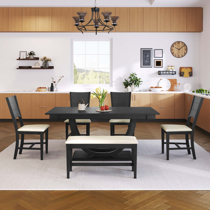 Ensemble de 6 tables de salle à manger en bois 6 pièces avec banc long et 4 chaises, style moderne, Gray, Gray, Gray, Gray