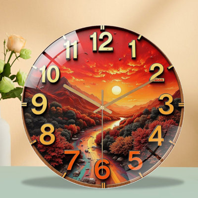 Wall Clock Sunset River Mountain Landscape Art - 12'' Modern Glass Wall Clock