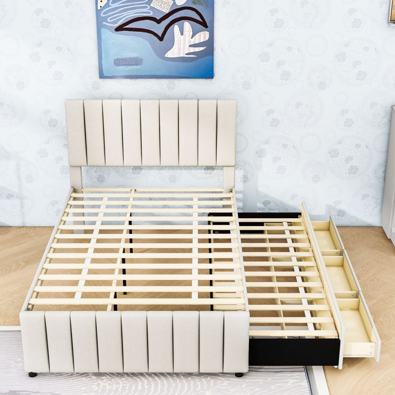 Lit plateforme tapissier à trois tiroirs avec lit gigogne et lattes, Beige, Complète