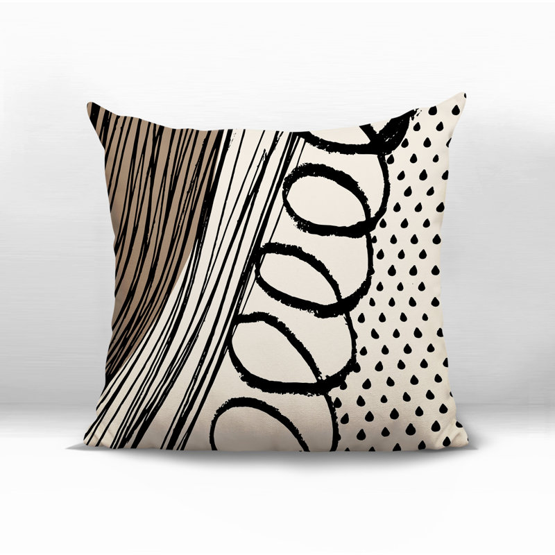 Oreiller carré réversible intérieur / extérieur Toba, H 15 po x l 15 po, Beige / noir / blanc cassé abstrait