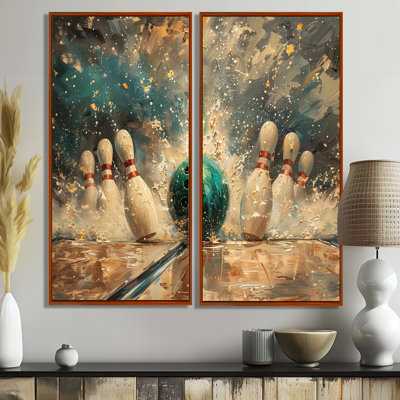 Green Bowling Ball Full Strike I - Modern Canvas Wall Art 2 Pieces