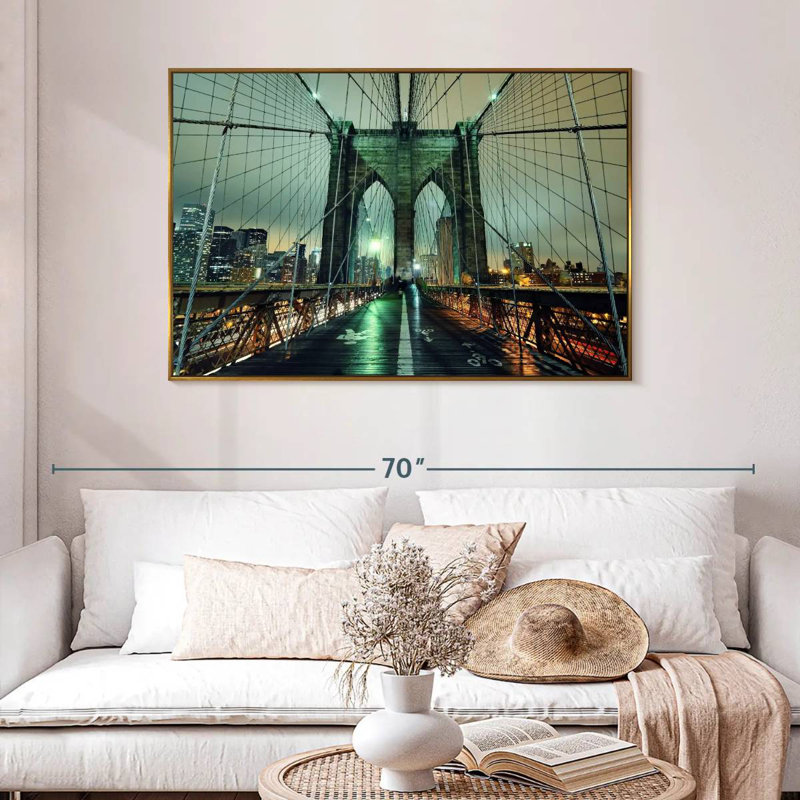 Brooklyn Bridge Nightfall, 46 po x 31 po, Cadre flottant doré