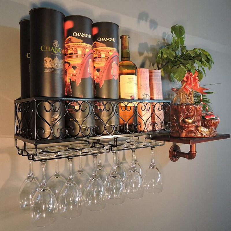 Theobald 10 Bottle Wall Mounted Wine Bottle & Glass Rack, Black