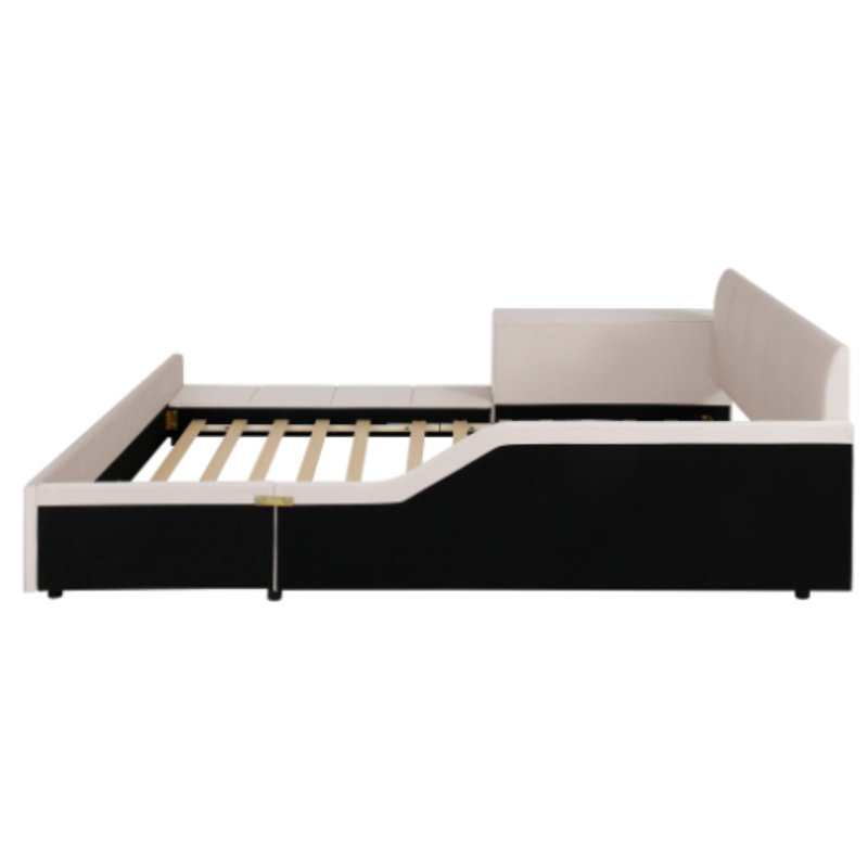 Upholstered Low Standard Bed with Bedside Desk and Round Stool, Mother & Child Bed, Queen, Light Gray
