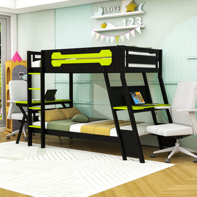 Bunk Bed with Built-In USB Ports and Pegboard,Dual-Desk