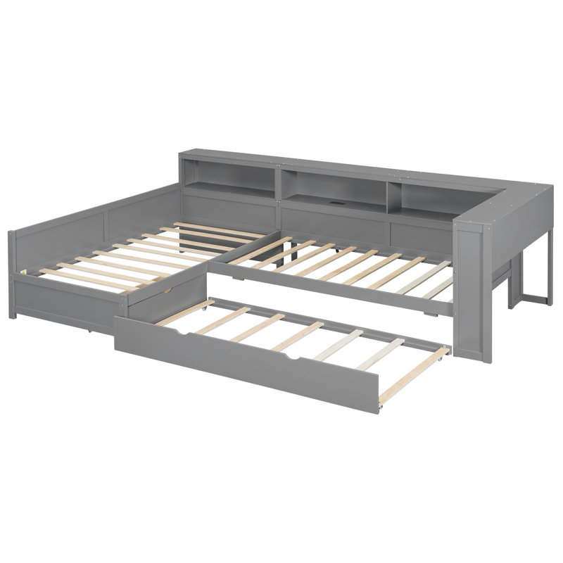 Lit plateforme simple en bois en L avec lit gigogne et tiroir Wood, Gris